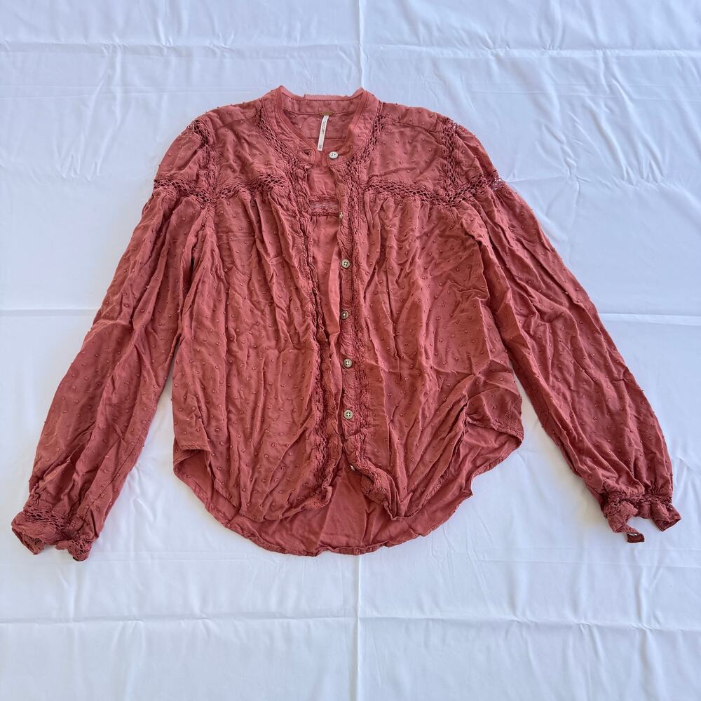 Free People XS Pink Swiss Dot Crochet Button Front Boho Blouse Top